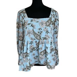 American Eagle Blue Floral Paisley Babydoll Top Size M Bow Tie Back